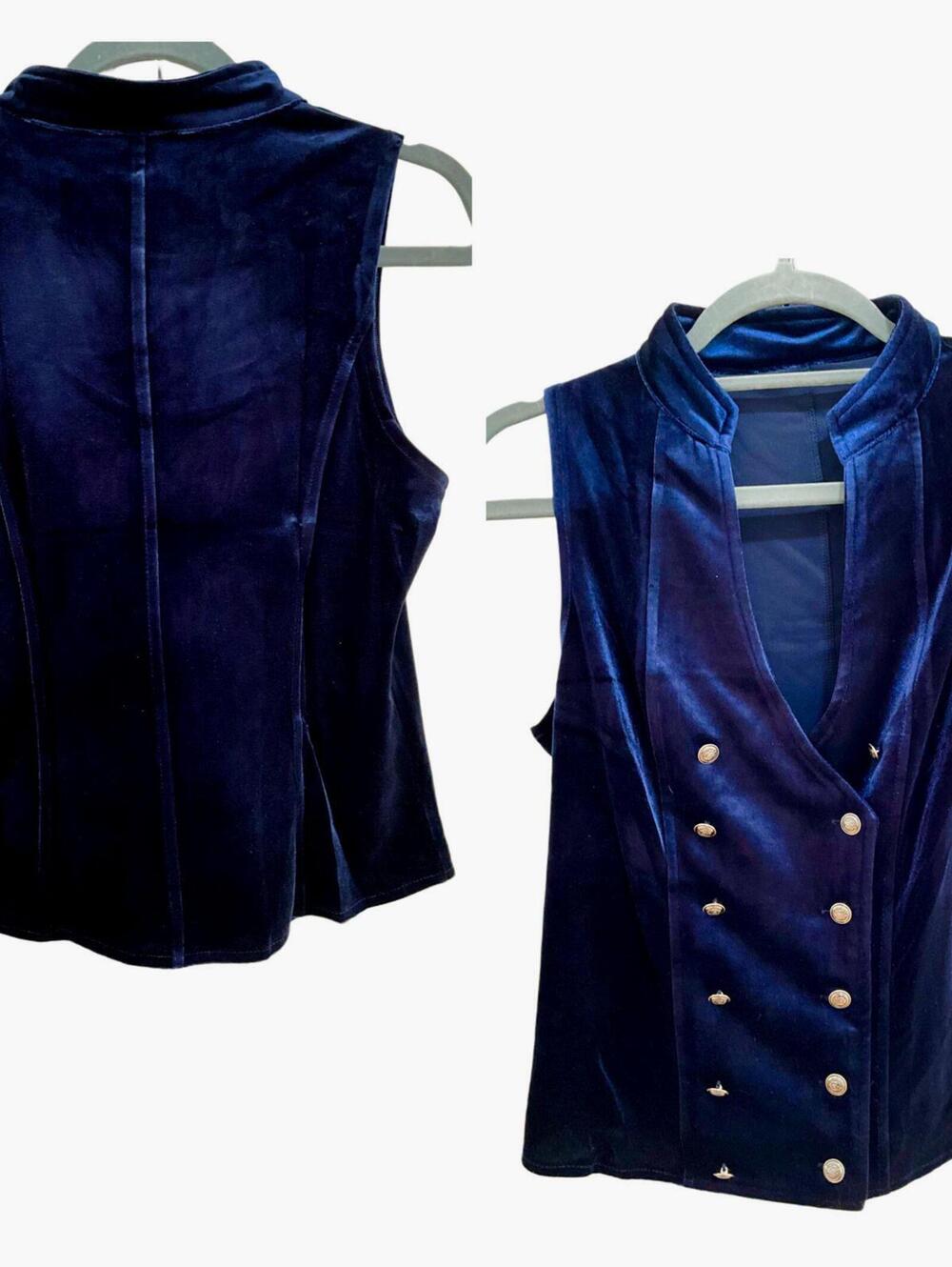 NEW Y2K Retro Vintage SZ M Velvet Blue Double Breasted Boho Button-Up Vest Top - Picture 6 of 10